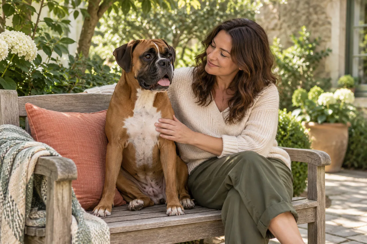 Owner sitting beside a brown dog on an outdoor sofa